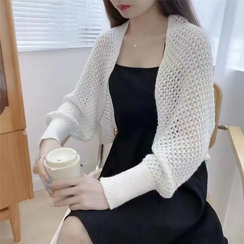 New Women's Shawl Knitwear Fashion Hollow Out Mesh Bat Long Sleeves Knitted Cardigan Female Korean Streetwear Knitting Crop Tops