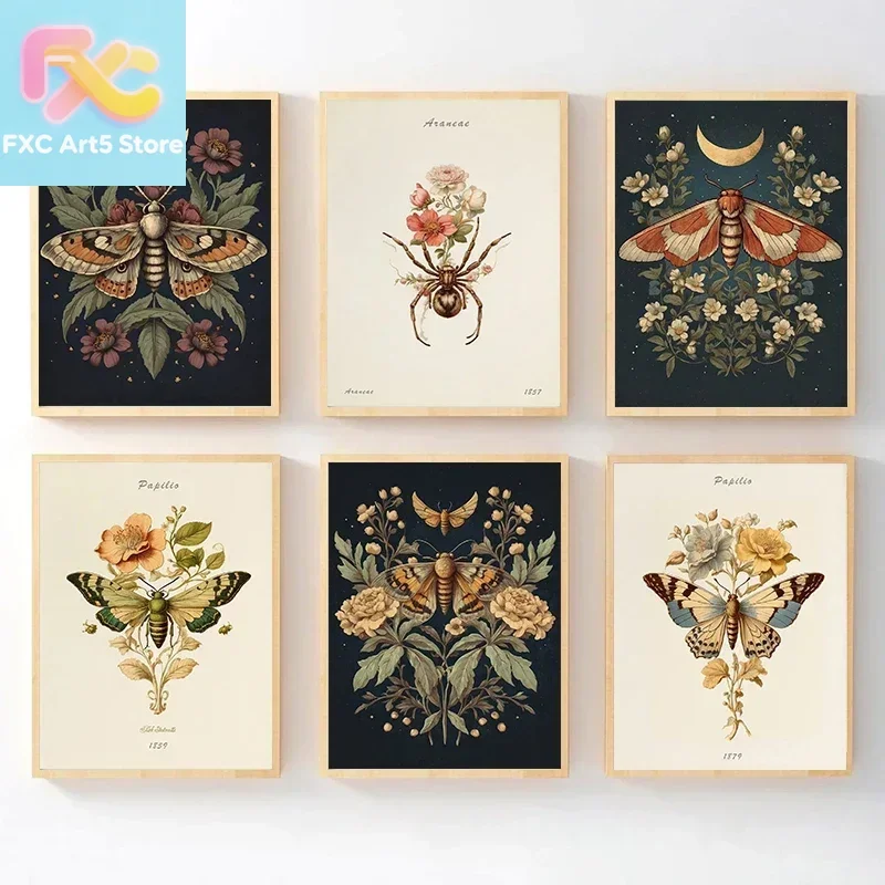 1 Stück rahmenloses Vintage-Poster mit Tier- und Insektenmotiv, Schmetterling, Blume, Leinwandgemälde und Drucke, Wandkunst, ästhetisches Bild für das Wohnzimmer