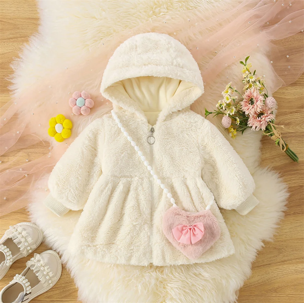 Autumn Winter 2/Piece Girls\' Outerwear Bag Baby Girl Solid Color Cute Casual Hooded Fur Coat+Love Bag