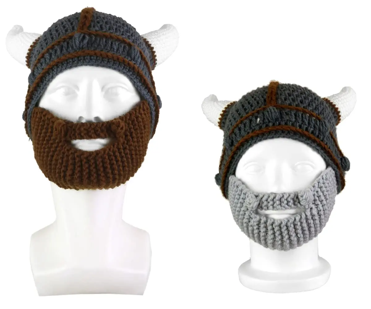 Handmade Knit Helmet and Removable Beard Barbarian Knight Knit Hat Viking Horns Beanie Funny Caps