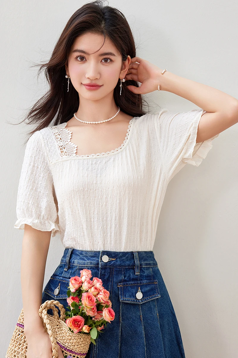 2024 Nieuwe Zomer Franse Kant Splicing Vierkante Kraag Shirt Vrouwen Mode Korte Mouw Blouse Dames Tops Casual Losse Blusa Mujer