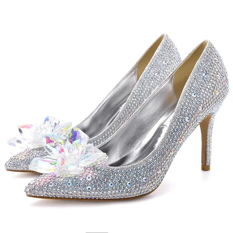 

Women Pumps Heeled Women Shoes Nude Wedding Sequined Cloth Slip On 7CM 9CM Thin High Heels Pointed Toe Shallow Rhinestones Bling