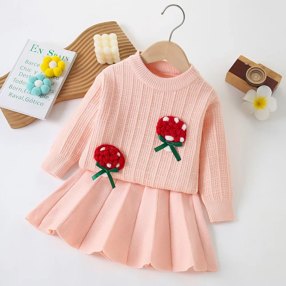 

Children's Clothing Sets Handmade Strawberry Sweater + Pleated Skirt Girls Winter Clothes Pullovers for Kids Cardigan