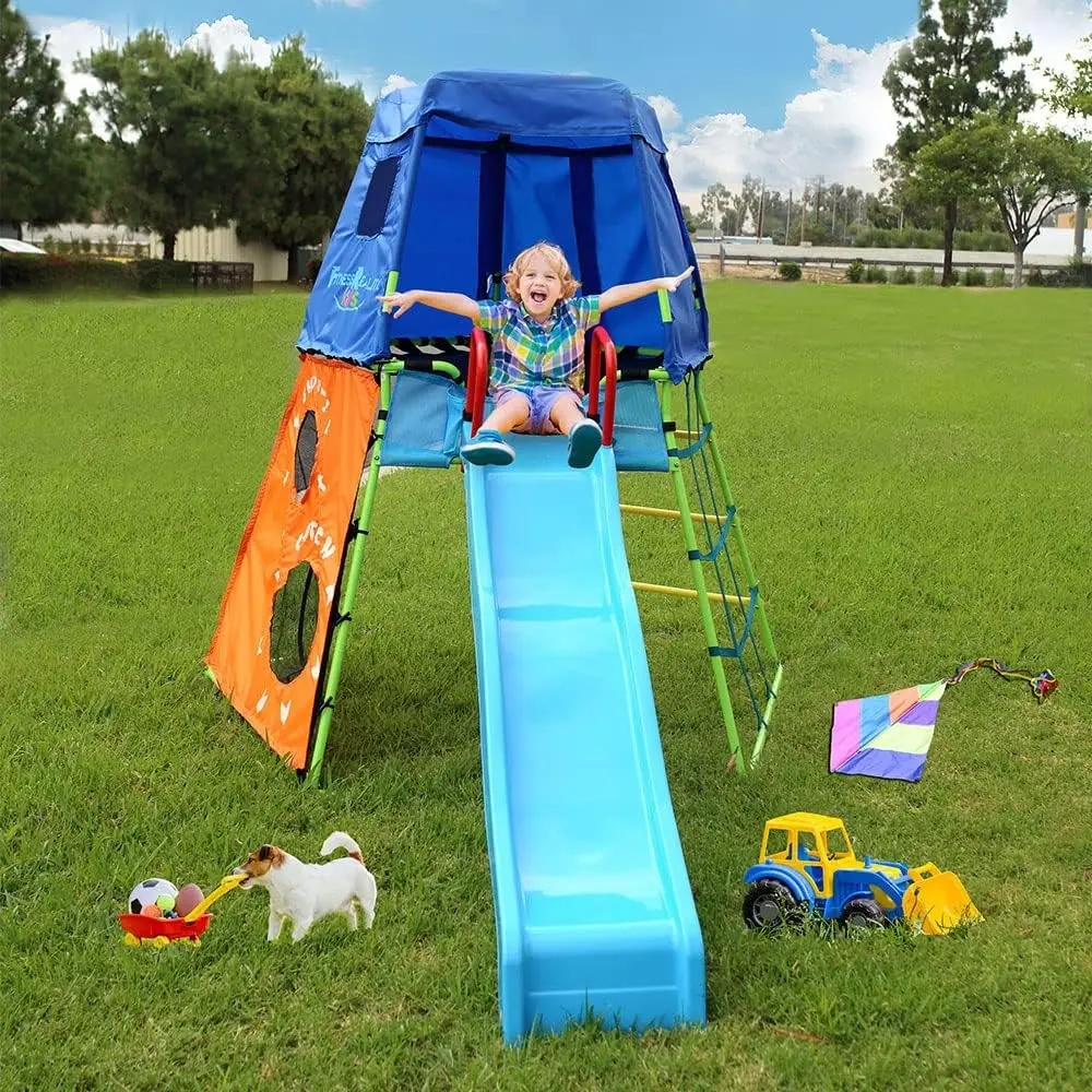 Climbing Fort with Platform, Playground Slide and Play Tent, Outdoor Jungle Gym for Backyard, Kids Ages 3-10 (8631)