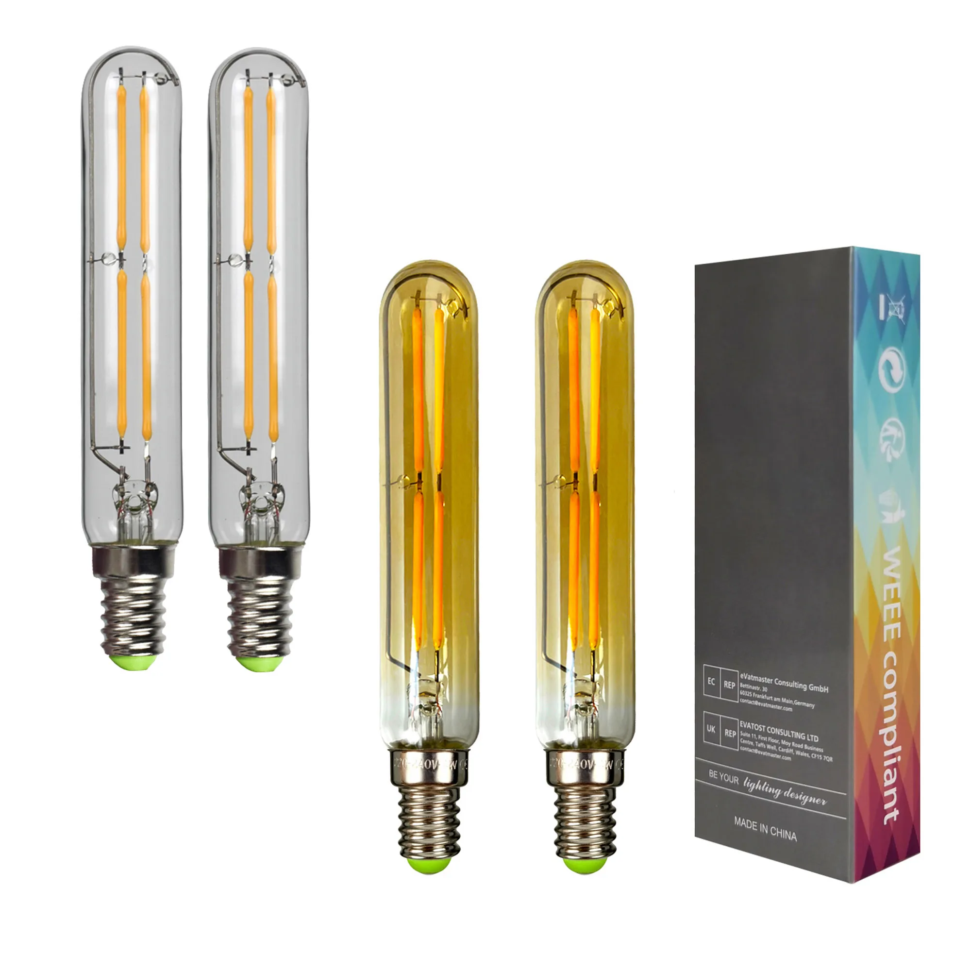 TIANFAN 2-Pack Vintage Led Bulb Tubular T20 4W Warm White Small Edsion Screw Base E14 Decorative Edison Bulb