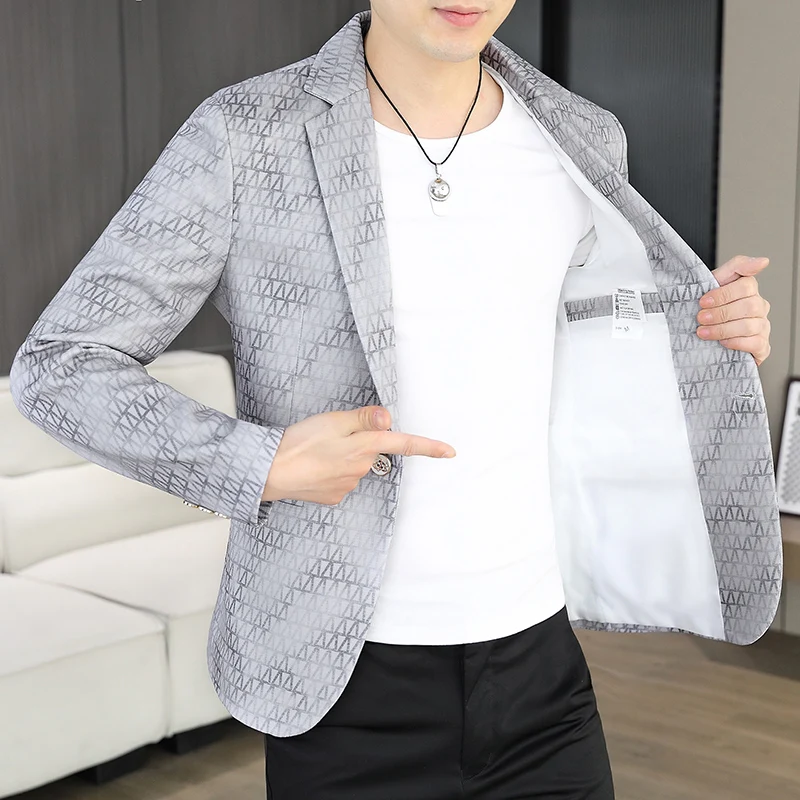 Korean Fashion Suit Jacket Men Slim Fit Geometric Printed Casual Business Blazers Autumn Social Groom Hairstylist Uniform Jacket