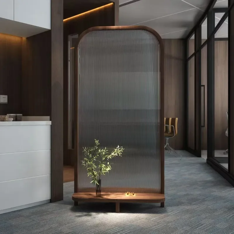 Solid Wood Screen Partition with Changhong Ripple Glass Room Divider for Living Room Bedroom Entrance Home Decor Rack
