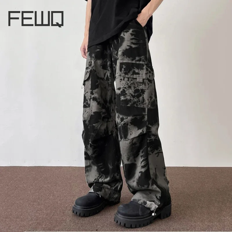 FEWQ Price New Autumn Camouflage Vintage Wide Leg Male Trousers Pocket New Fashion Korea Darkwear 24E1408