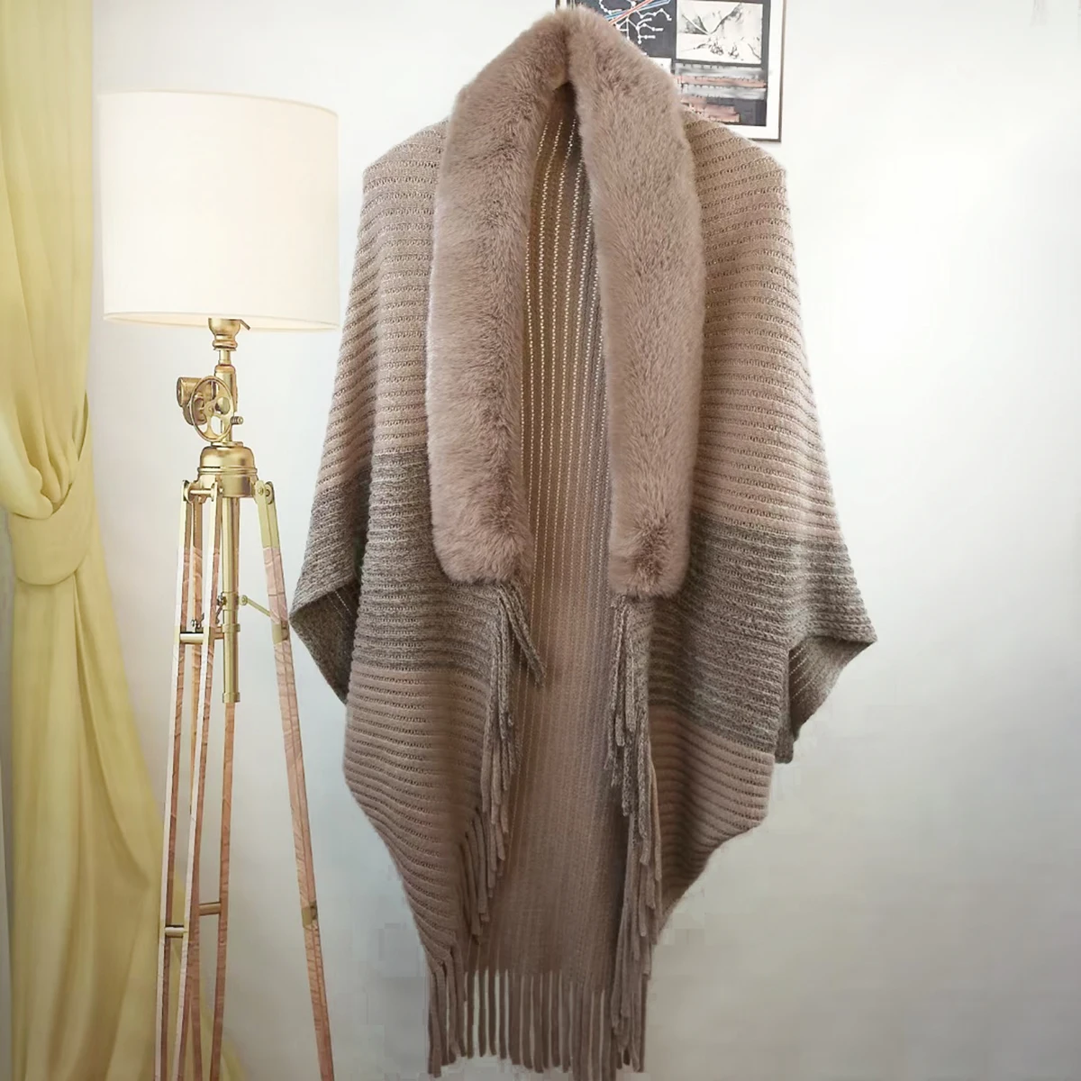 Châle à col en fourrure pour femme, écharpe Rapoptics, long pompon, Pashmina de collision de documents, chaleur extérieure, créateurs de luxe, hiver