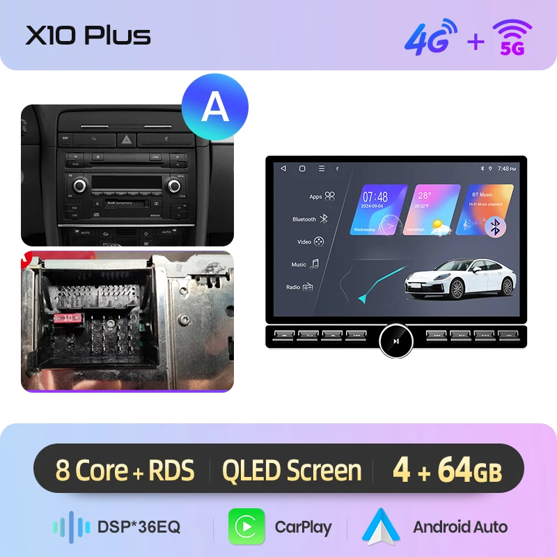 Junsun 13.1″ QLED draadloze CarPlay Android Auto autoradio voor Audi A4 B6 SEAT Exeo 2000-2009 Intelligente systemen DSP SWC RDS GPS