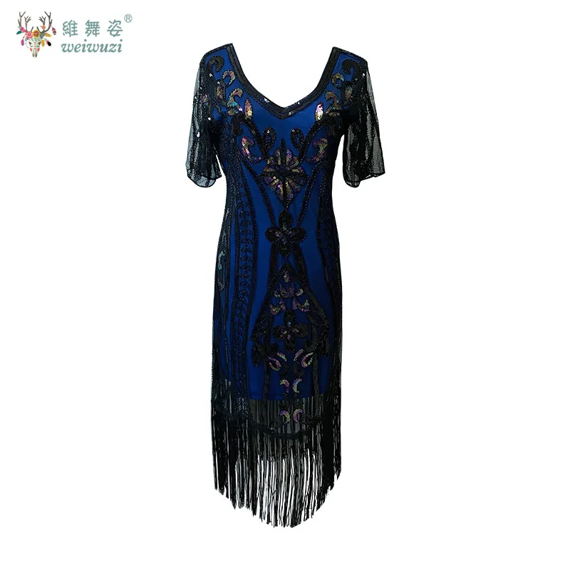 1920s المرأة قصيرة الأكمام الخامس الرقبة الترتر الخرزة التطريز فساتين الحفلات الزعنفة غاتسبي زي كوكتيل فساتين السهرة #5