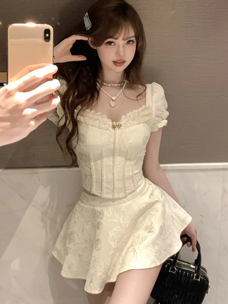 2024 Summer Lolita Sweet 2 Piece Skirt Set Hot Girls Casual Crop Tops + Korean Fashion Slim Y2k Mini Skirt 2000s Vintage Skirt