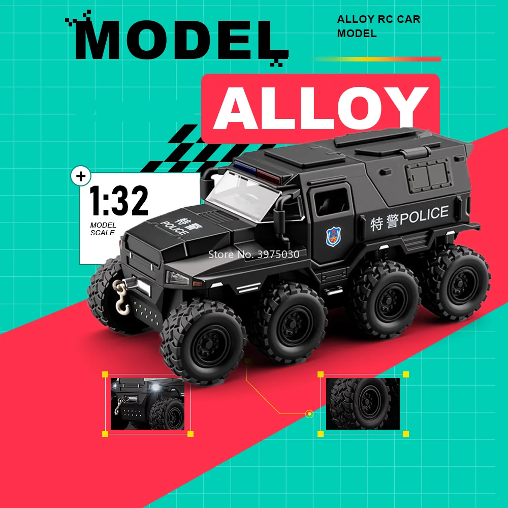 

1:32 Conqueror Police Car Alloy Diecast Miniature Model Toys with Sound Light Pull Back Doors Opened Vehices Gifts for Children