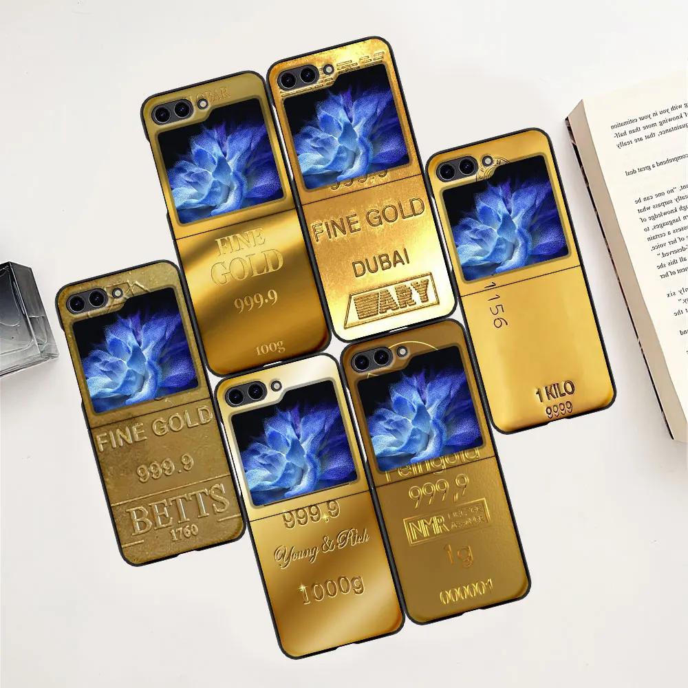 Capa de impressão com padrão de ouro fino para Samsung Galaxy Z Flip5 Flip6 Bolsa para celular Z Flip 6 5 PC rígido Capa preta ZFlip5 ZFlip6