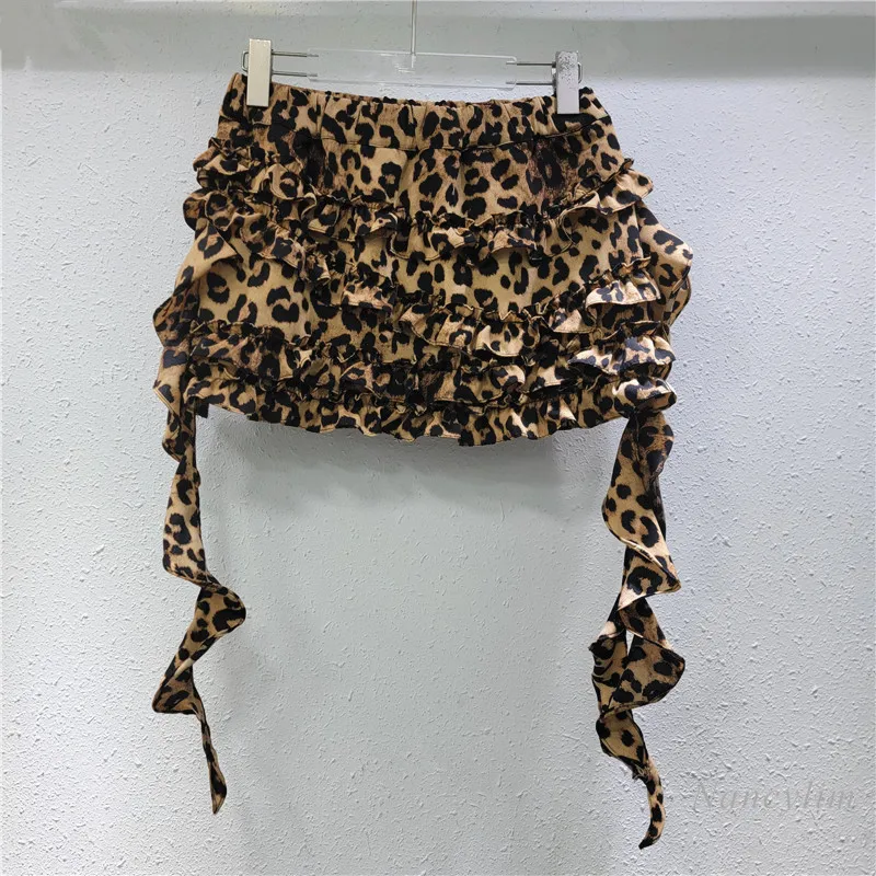 Niche Design Leopard Print Fungus Edge Streamer Skirt Women's 2025 Spring Irregular Low-waist Spice Girl Short Skirts