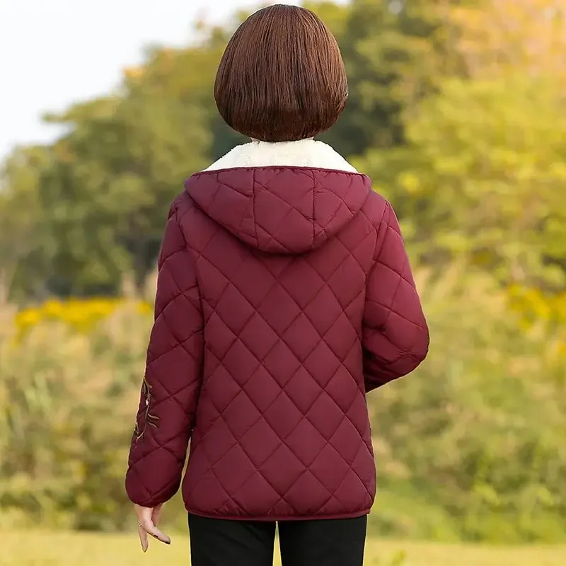 Embroidery Winter Hooded Cotton Jacket Women Parkas Fleece Lining Warm Long Sleeve Thicker Short Top Outerwear Slim Coat New