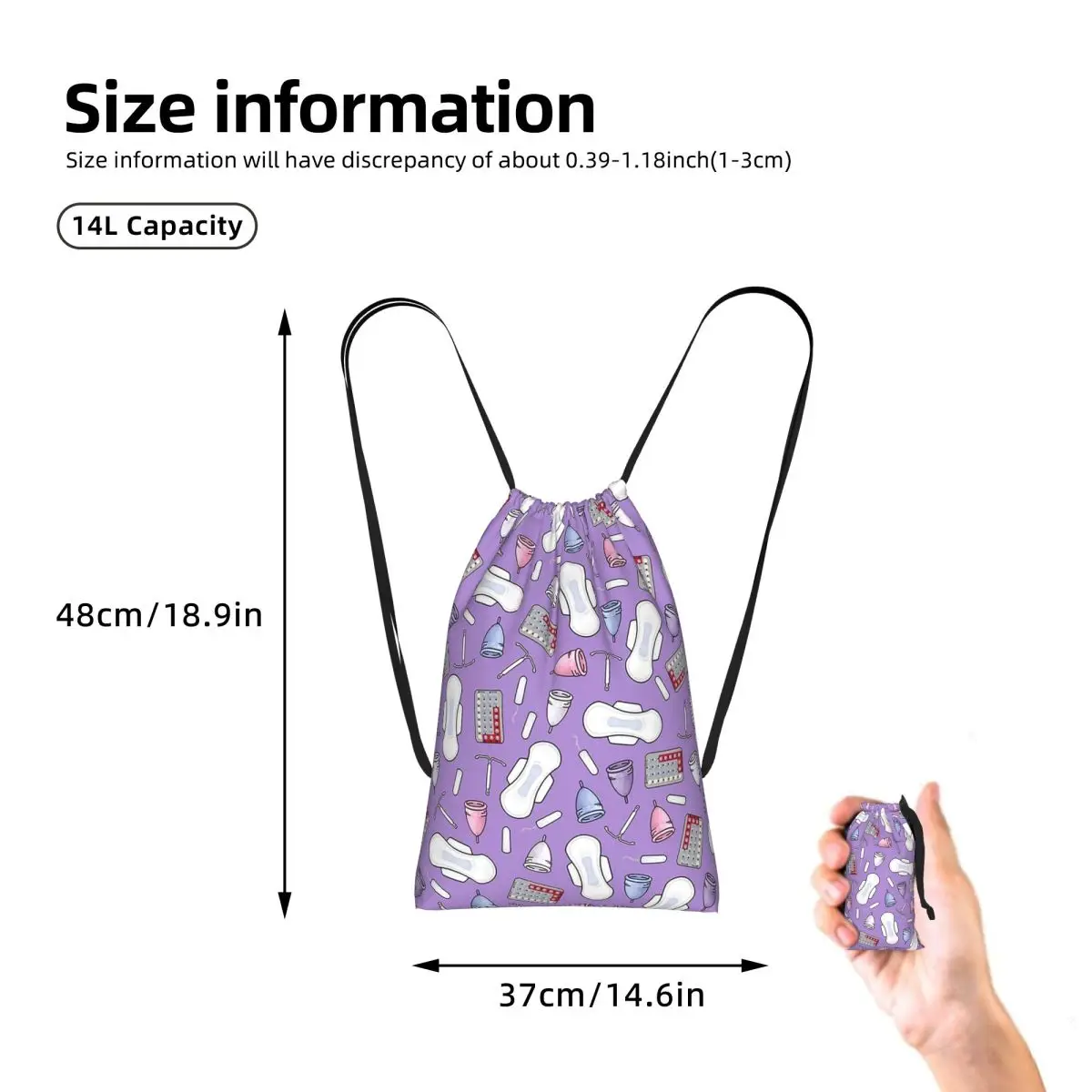 Period Protection, PMS Ready In Purple Drawstring Backpack hiking cycling Bag Lightweight Storage Drawstring Bag for Men Women