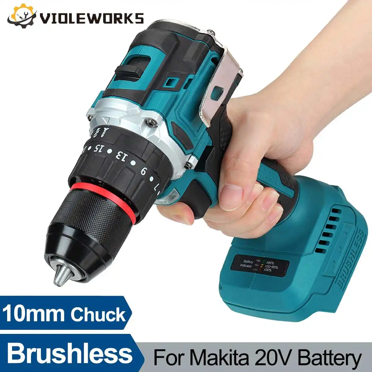 

10mm Chuck Brushless Electric Drill 25+3 Torque Cordless Screwdriver Hammer with LED Light For Makita 20V Battery