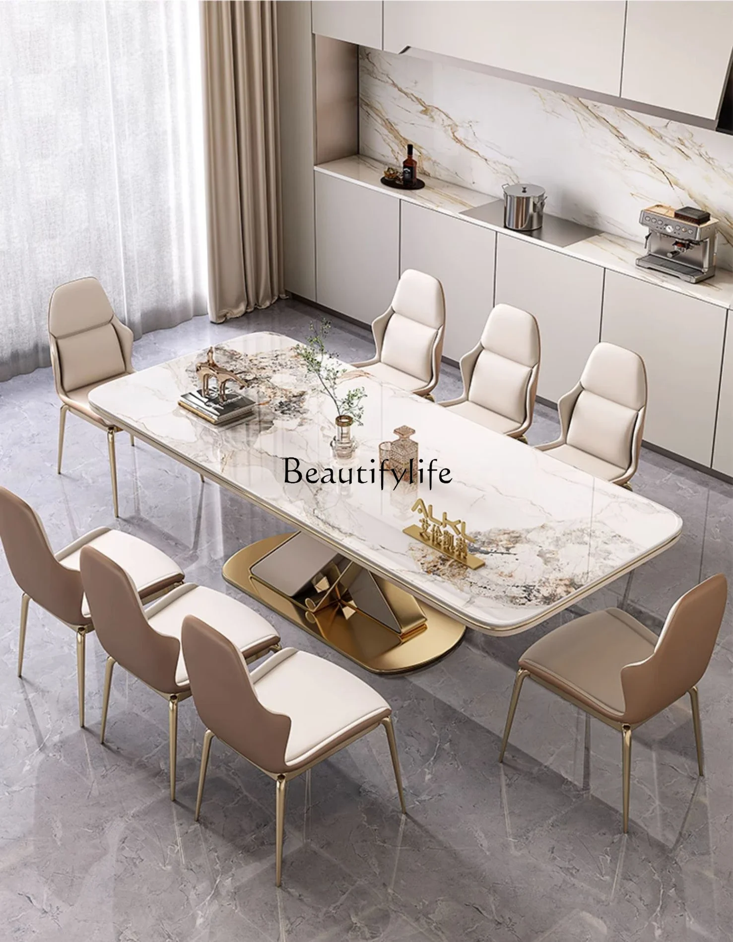 

LD33Stone Plate Dining Tables and Chairs Set Italy Imported Bright Large Board Light Luxury High-End