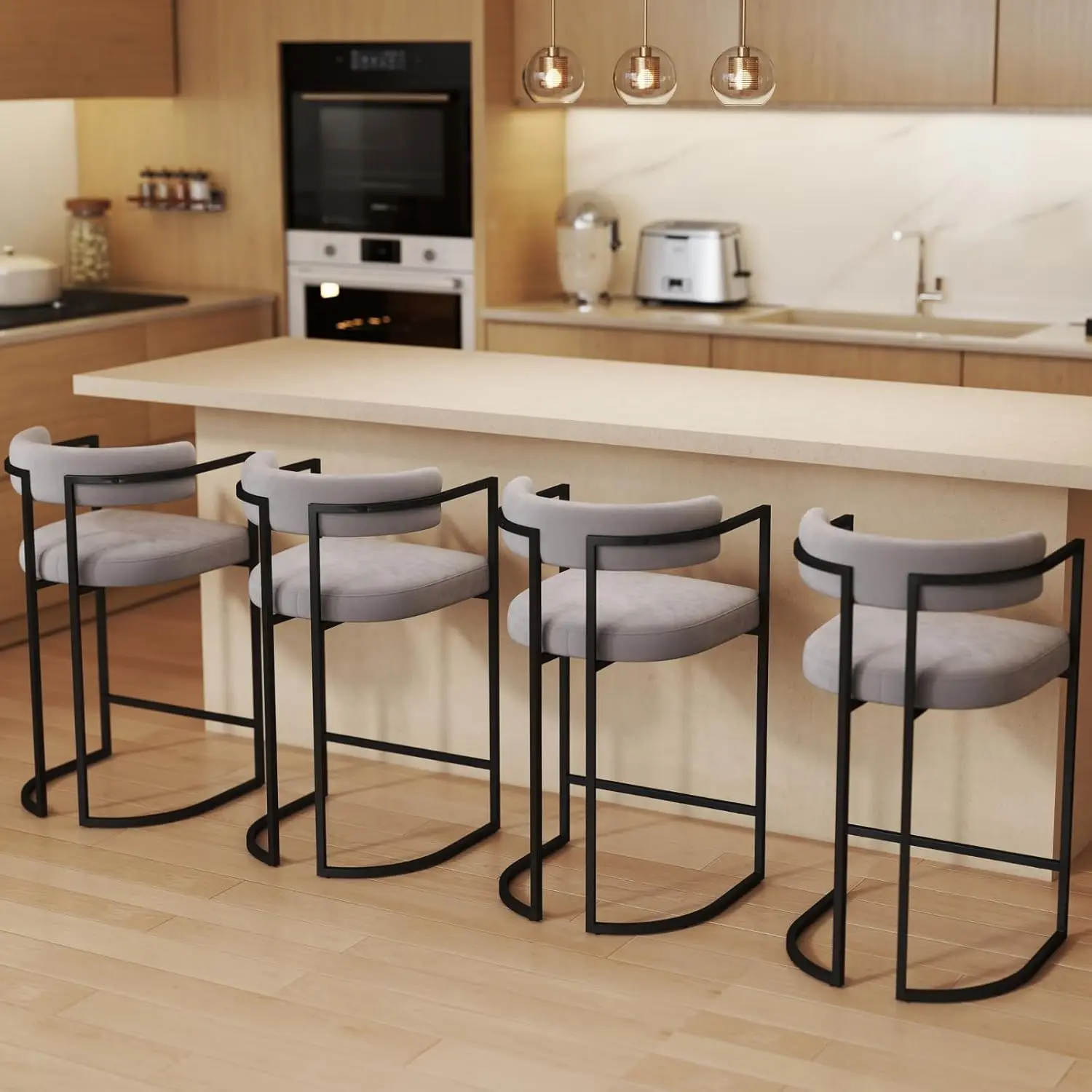 26" Velvet Counter Stools With Back & Metal Legs For Kitchen Island, Set Of 2, Grey, Customized