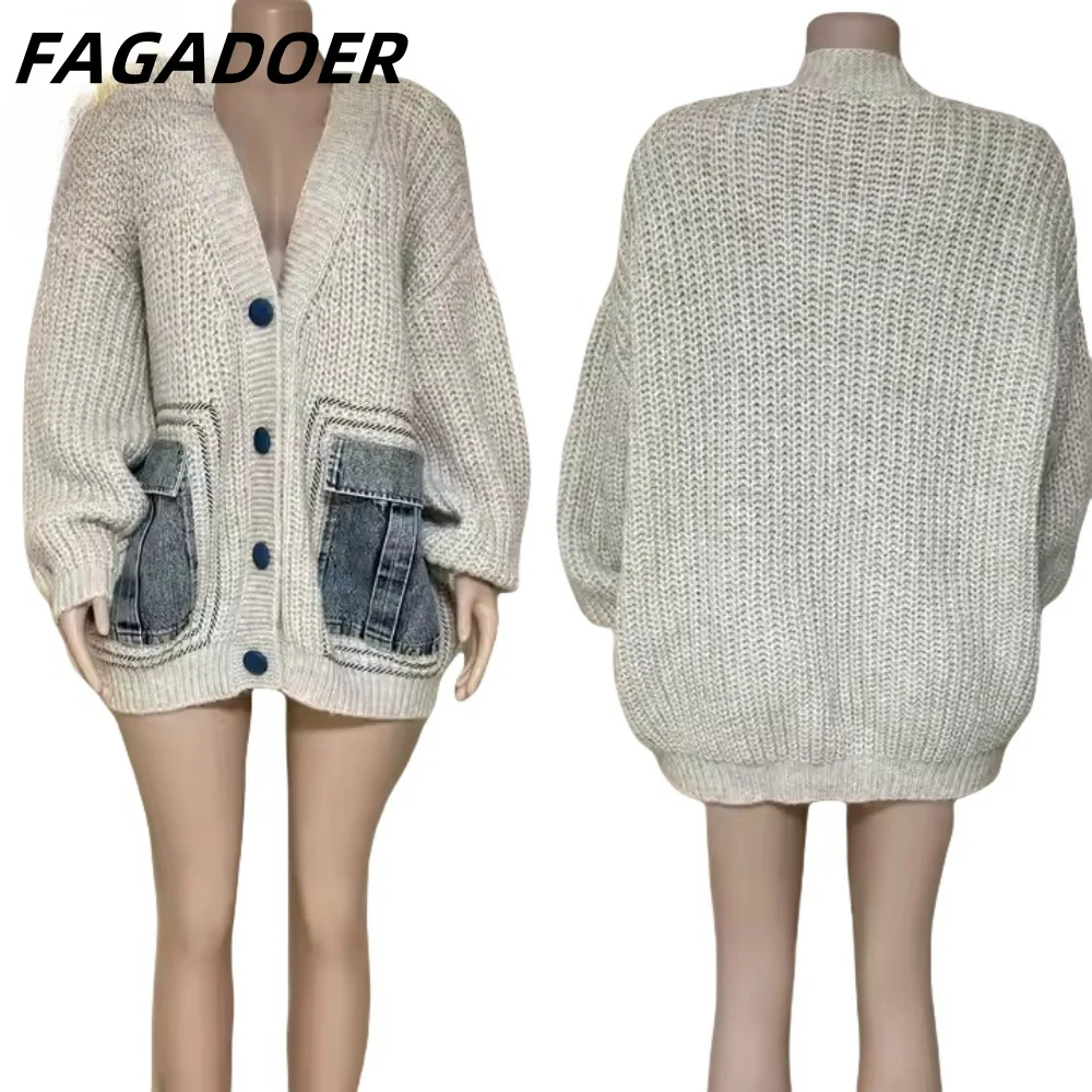 FAGADOER White Knitted Sweater Stitching Tops Women Fashion V Neck Long Sleeve Loose Denim Pocket Patchwork Cardigan Y2K Sweater