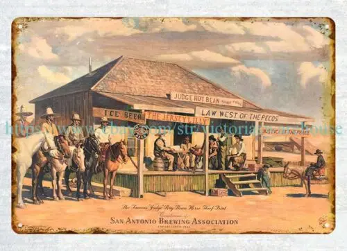 Жемчужное пиво судьи Рой бобов Сан-Антонио Пивоваренная ковбойская лошадь жестяной знак