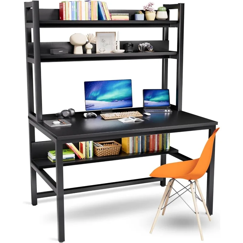 Hutch and Bookshelves, Large Leg Room 47 inch Width Black Desk