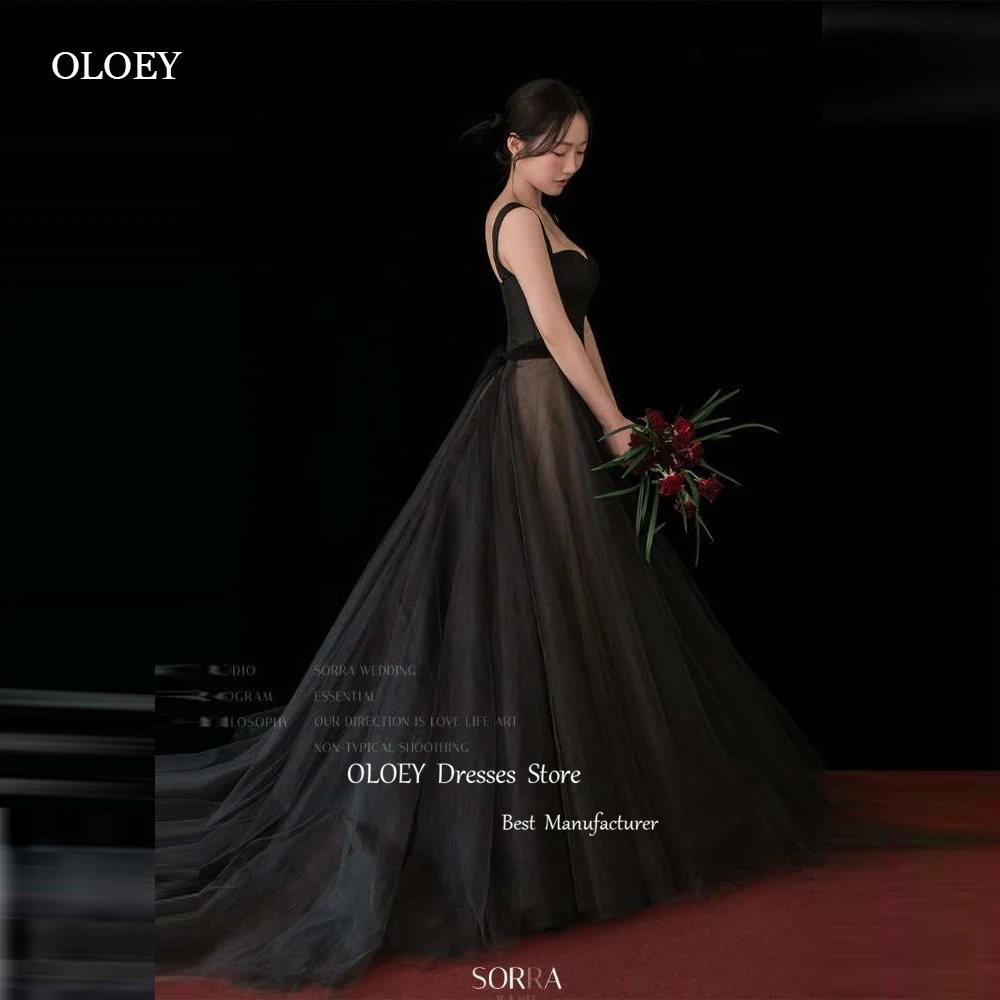 

OLOEY Black Tulle A Line Korea Evening Dresses Photo shoot Straps Sweep Train Corset Back Wedding Gowns Party Dress Long