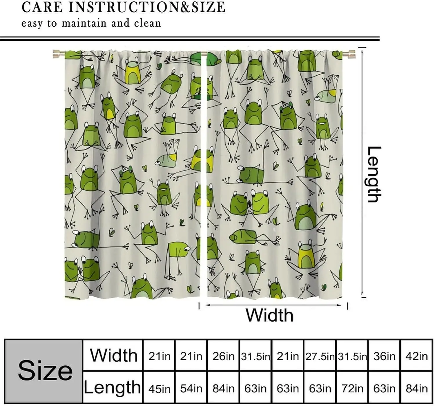 Funny Frog Curtains, Abstract Line Art Green Forest Cartoon Animals Frogs Rod Pocket Window Treatments for Kids Baby Bedroom