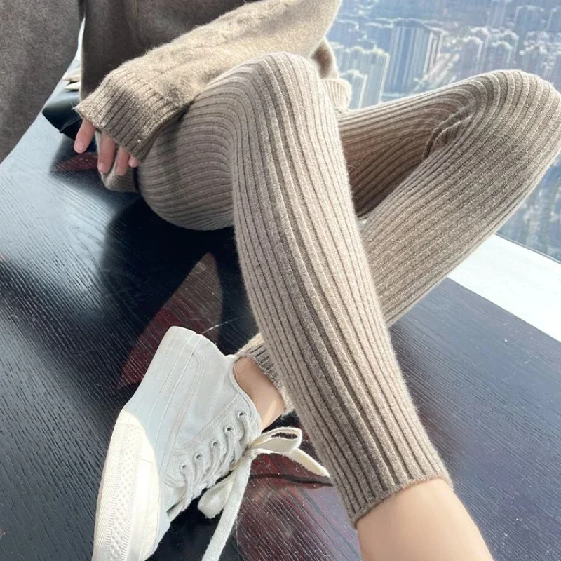 Knitted Leggings Autumn Winter Women Ins High Waist Casual Wool Korean Trousers Ribbed Thicken Elasticity Ankle-Length Pants