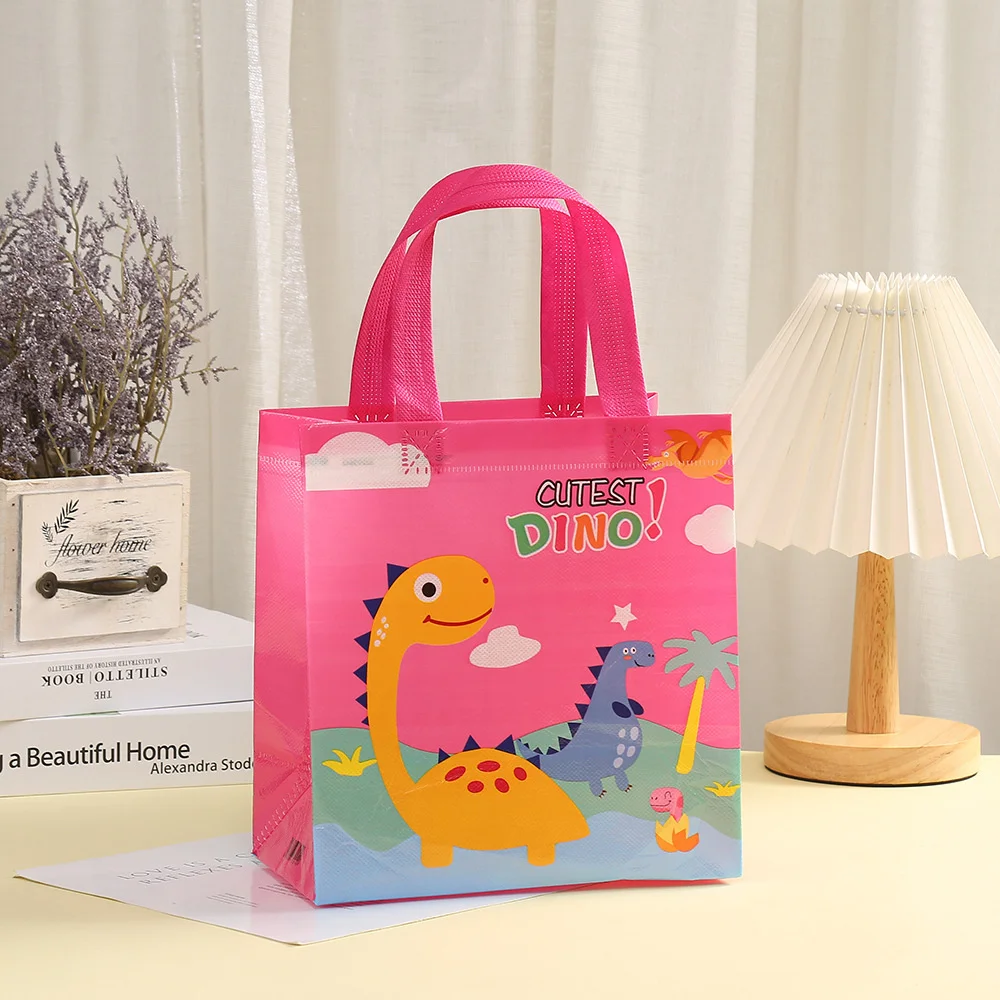 4Pcs Dinosaur Pattern Gift Bag Nonwoven Pink Cute Gift Bags Candy Pouch for Boys Girls Dino Birthday Party Decoration Packaging view 4