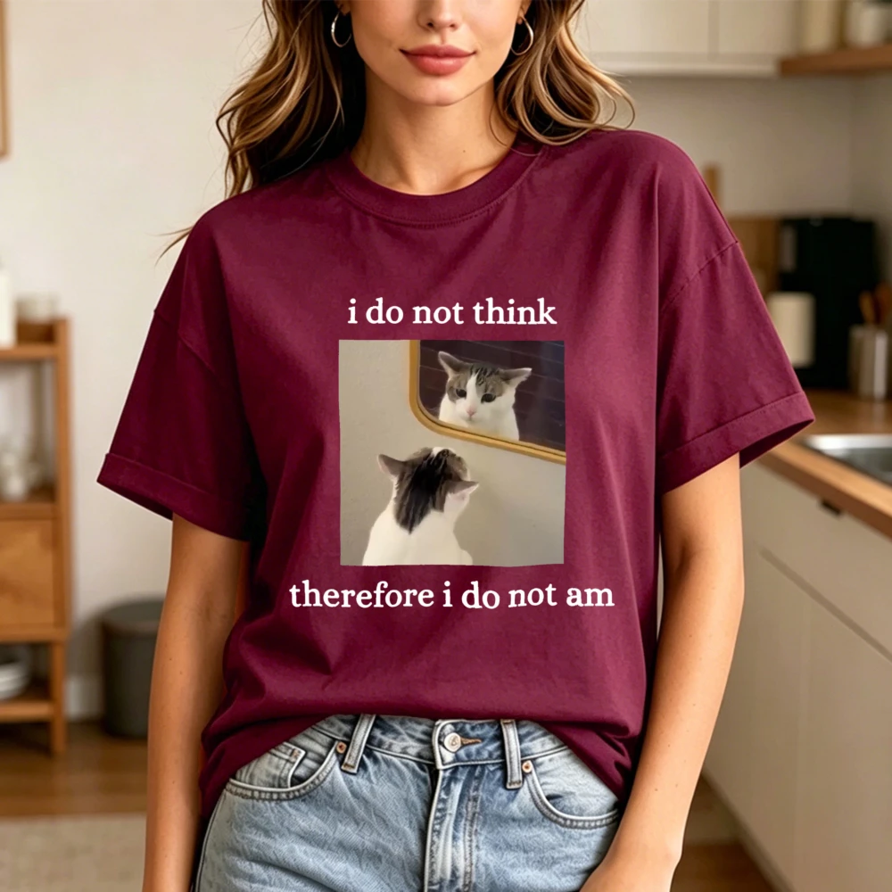 Camiseta gráfica informal con meme de gato 'No pienso, por lo que no soy divertido', camiseta con meme de gato filosófico, tops de algodón de moda para hombre y mujer