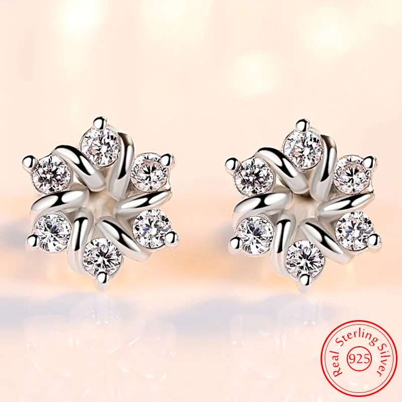 

Genuine 925 Sterling Silver Fshion Jewelry Crystal Flower Stud Earrings For Women New XY0207