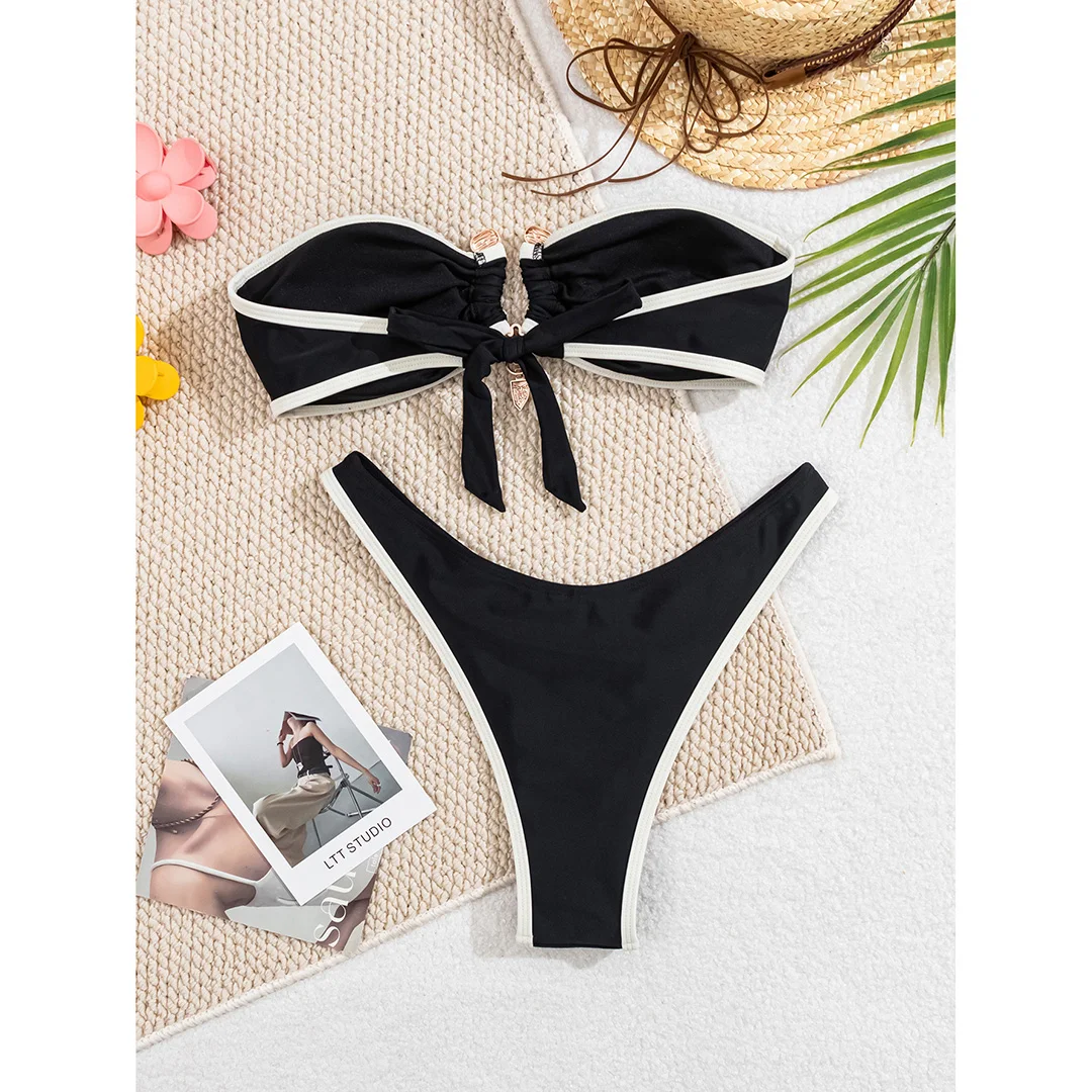 Bandeau-Splicing-Bikini mit Metallring, brasilianischer Bikini, Damen-Badebekleidung, zweiteiliger Bikini-Set, Badeanzug, Badebekleidung, Schwimmbikini V5651 – Detail 17