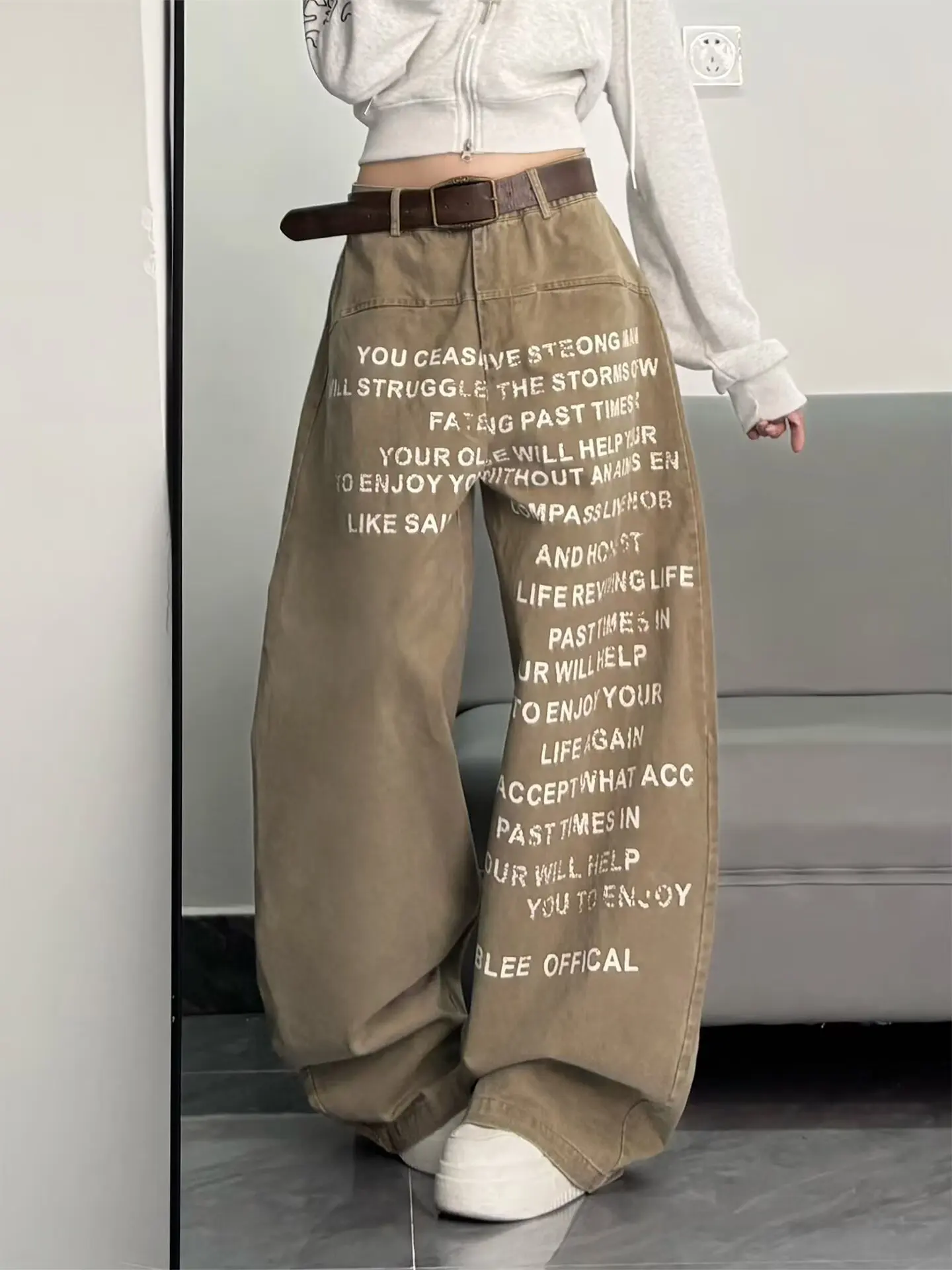 Pantalones vaqueros de pierna ancha holgados de color caqui con estampado de letras para mujer, ropa de calle Vintage de estilo callejero Unisex, pantalones vaqueros informales para mujer, novedad