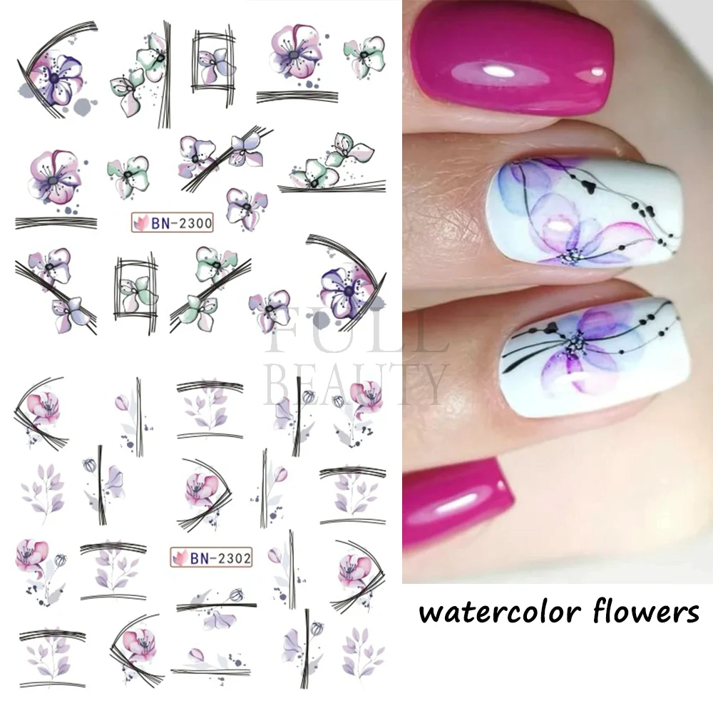 Summer Neon Black Leaf Nail Stickers Watercolor Flowers Nail Water Decals Set Sliders Manicure Tattoos GLBN2293-2304