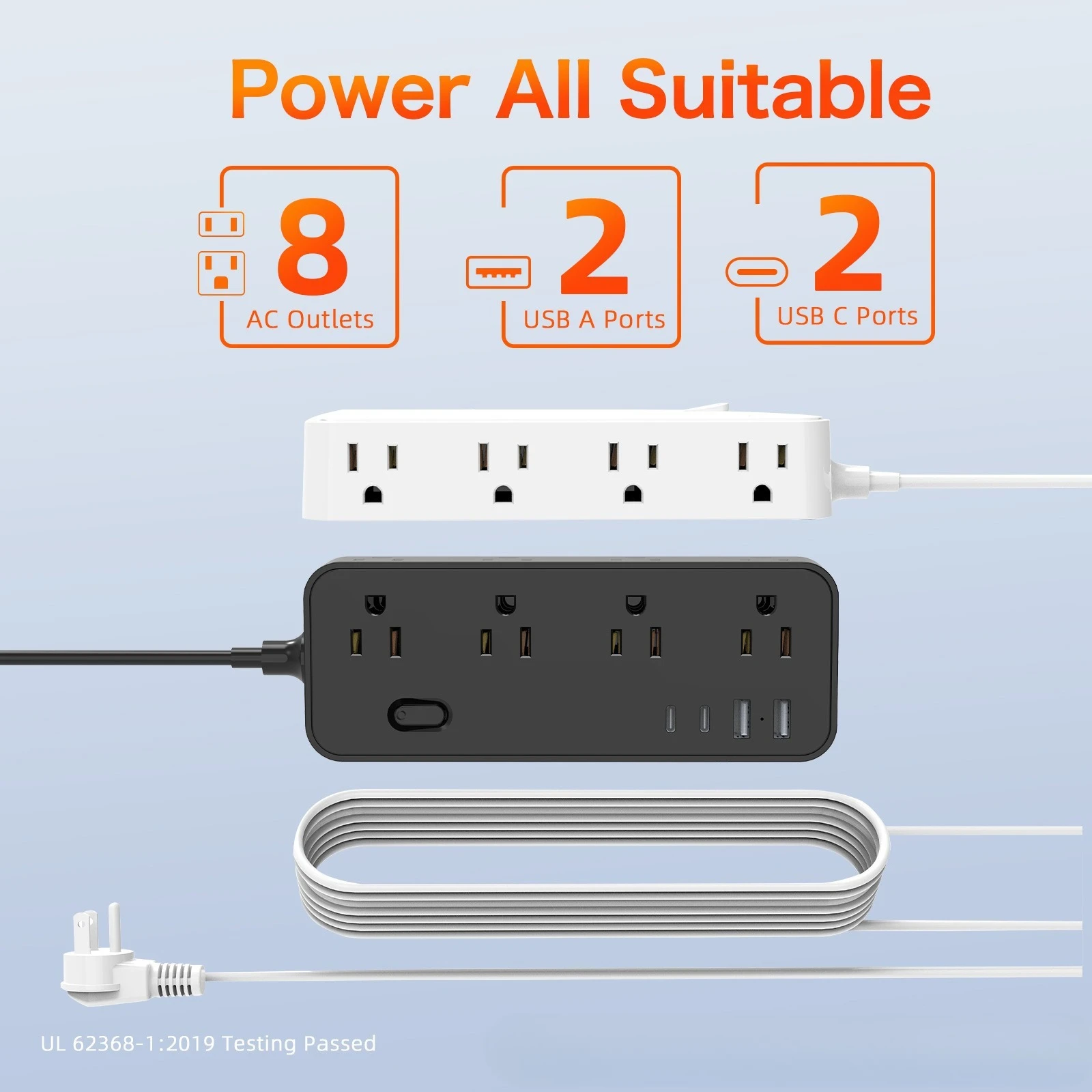 FUNAYA US Desktop Power Strip Socket Plug Board with USB Type-C Multi Plug Extension Socket Outlet AC110 125 Overload Protection