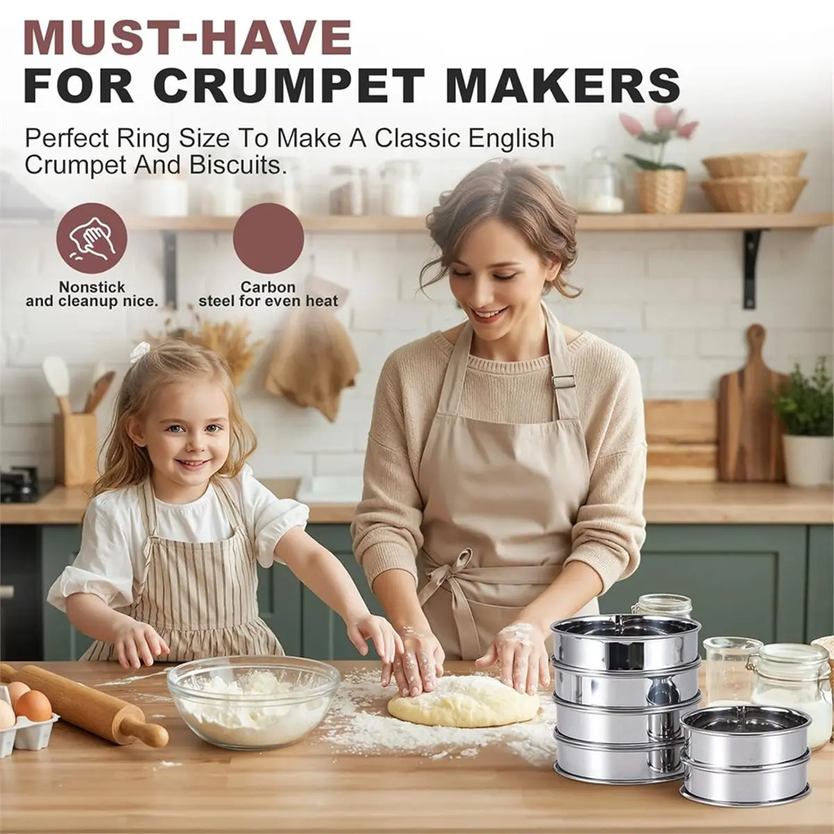 16Pcs Crumpet Rings Set, Nonstick English Muffin Rings, Stainless Steel Double Rolled Tart Ring, Pastry Ring
