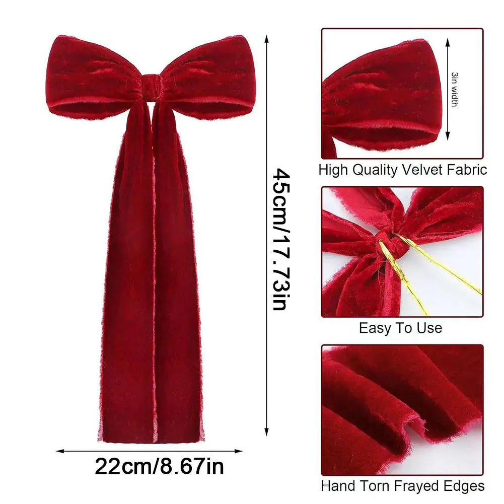 1 Pita Natal Besar Merah, Pita Beludru Sobek Tangan, Pita Natal Luar Ruangan, Lingkaran Beludru untuk Dekorasi Pintu Depan