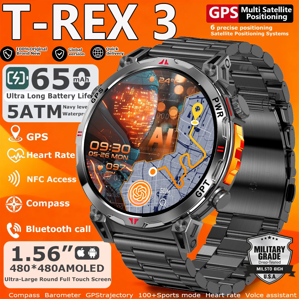 العسكرية الصف ساعة ذكية الرجال نظام تحديد المواقع البوصلة مقياس الارتفاع ساعة 1.56 "AMOLED 5ATM مقاوم للماء الرياضة جهاز تعقب للياقة البدنية BT دعوة Smartwatch #1