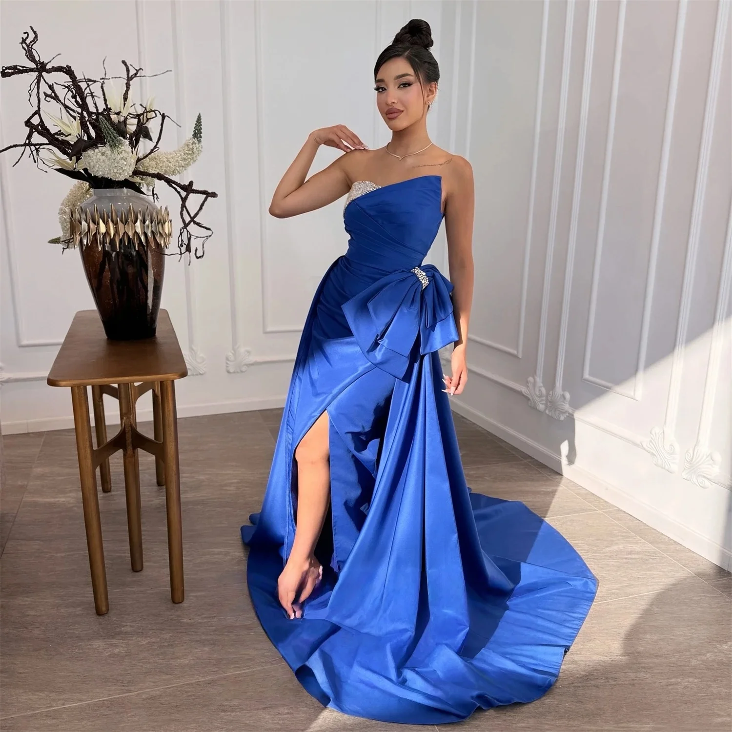 

Royal Blue Beaded Long Bespoke Occasion Gown Evening Dresses Prom Pastrol Unisex Jersey Retro Dubai Saudi Arabic Customized