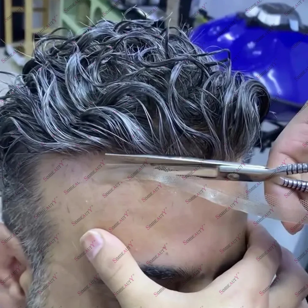 

Salt&Pepper Натуральные локоны Человеческие волосы Парик для стариков 1B40 1B50 28 мм Дышащий кружевной и PU Q6 Швейцарский кружевной передний мужской парик Протез