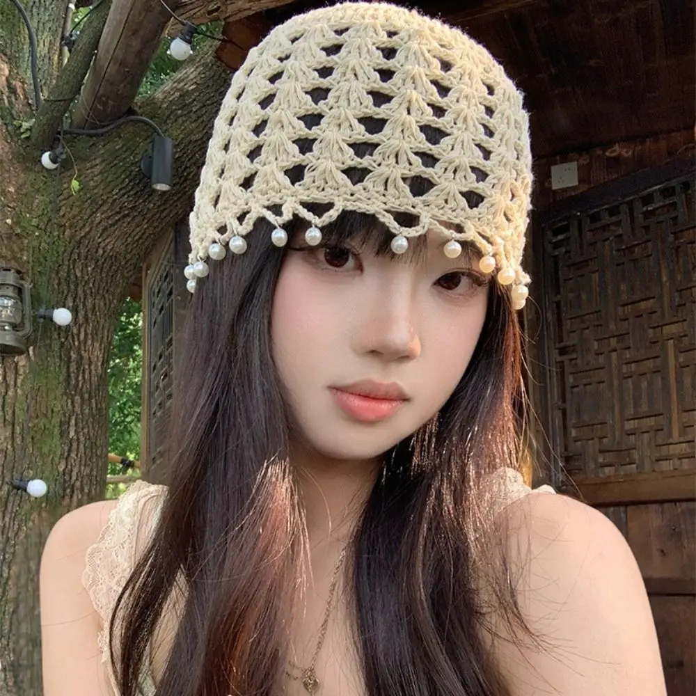 

Retro Sweet Crochet Hollow Knitted Hat Beads Tassels Hollow Out Ethnic Style Hat Handmade Bohemian Style Weave Cap Outdoor