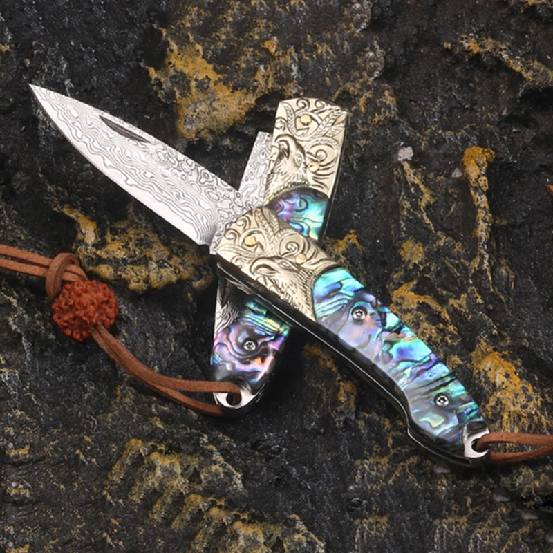 Damascus Folding Knife Outdoor Survival Pocket Knife Abalone Shell Handle Portable EDC Fruit Knives Tactical Camping Tools Gifts