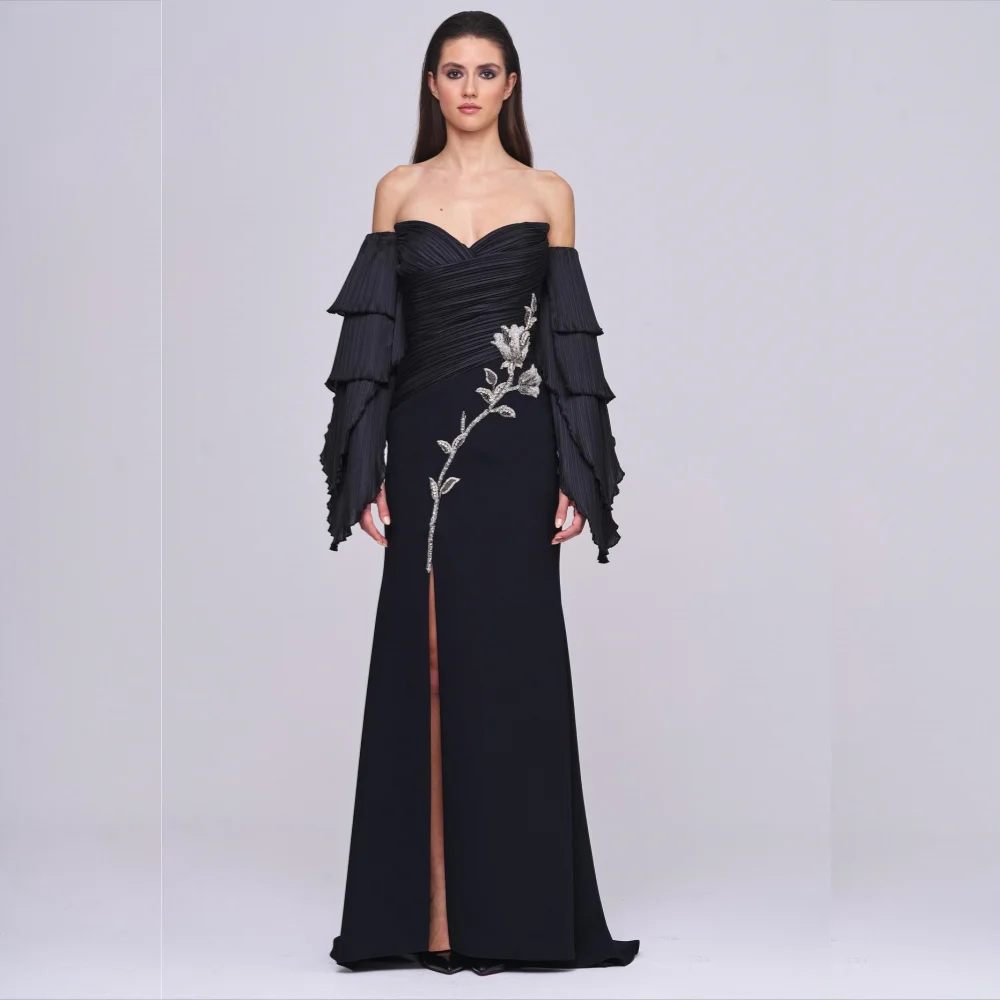 

Customized Fashion Jersey Sequined Pleat Pattern A-line Off-the-shoulder Long Dresses Celebrity Elegant Chinese Style