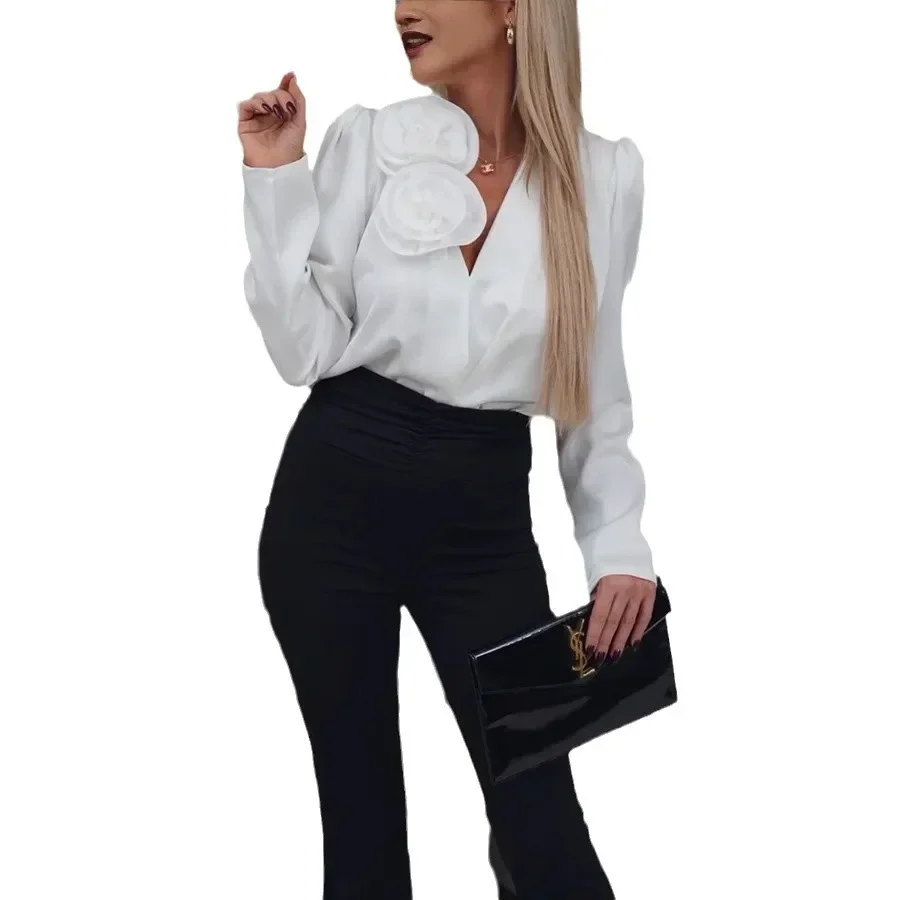 2025 Spring New V-neck Flower Decorated Satin Long Sleeve Shirt Top Commuter Women's Wear Shirts for Women Blouses