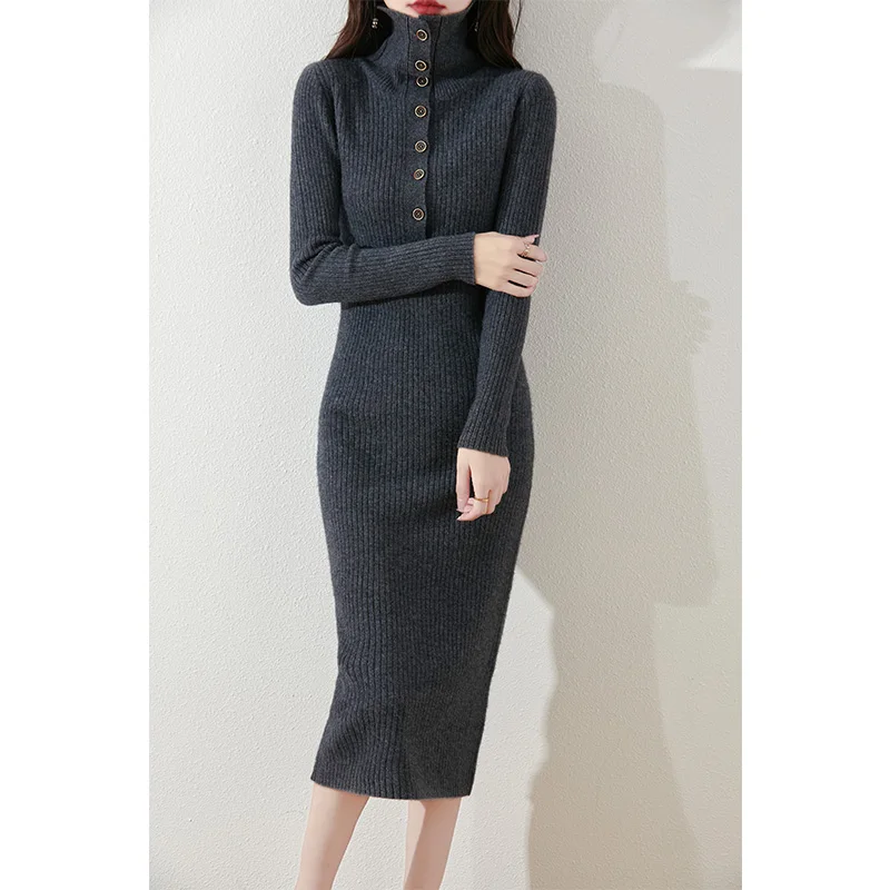 Autumn and winter high collar pure wool dress for women, slim fit with a base layer of wool, button knit cashmere skirt