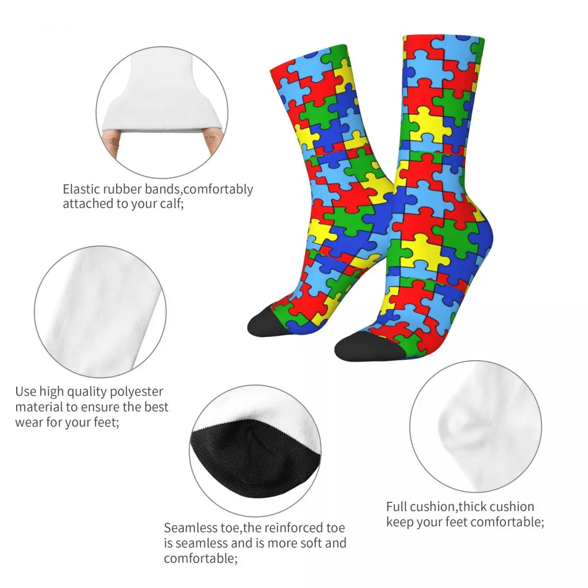 Autumn Winter Crazy Design Men's Women's Autism Puzzle Pieces Ribbon Socks Awareness Breathable Basketball Socks