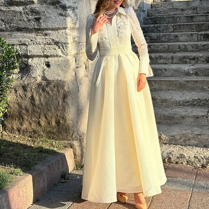 Embroidery Lace Evening Gown Retro French Long Sleeve A-Line Party Dress Women Fashion Pleated Maxi Dresses Vestidos de gala