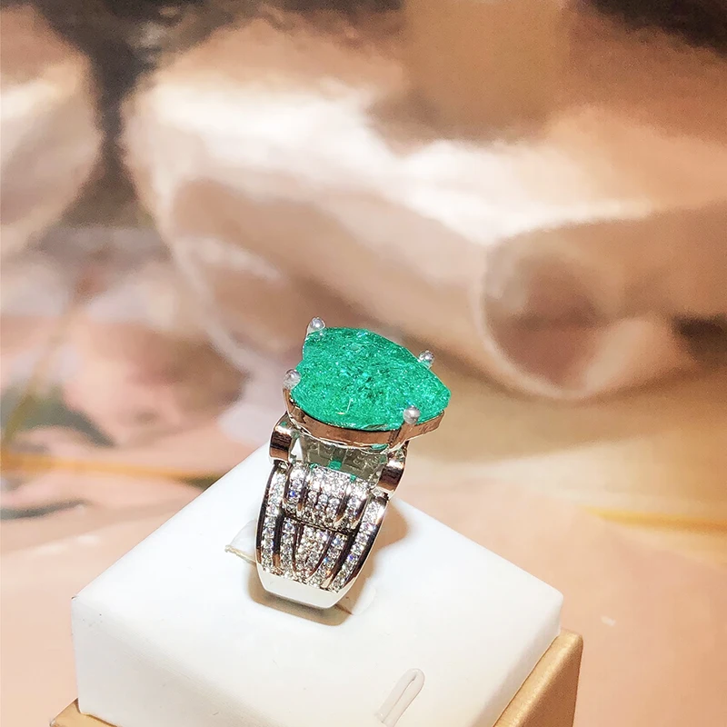 Elegant Paraiba Emerald S925 Silver Heart Full Diamond Couple Ring For Women Lover Geometric Valentine Day Gift Party Jewelry